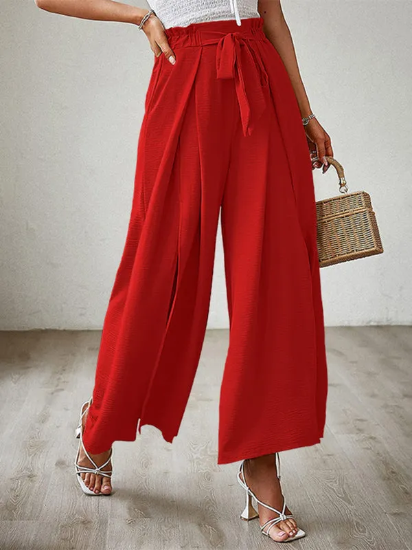 Women's Loose High Waist Pleated Wide Leg Trousers With Bow Belt