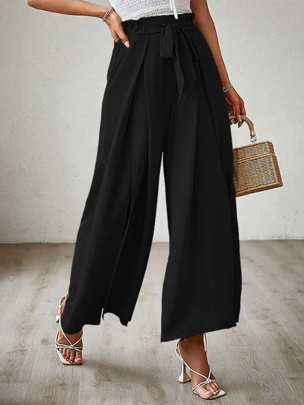 Women's Loose High Waist Pleated Wide Leg Trousers With Bow Belt