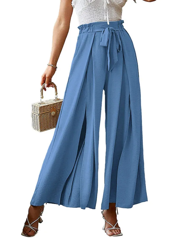 Women's Loose High Waist Pleated Wide Leg Trousers With Bow Belt