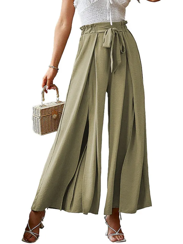 Women's Loose High Waist Pleated Wide Leg Trousers With Bow Belt