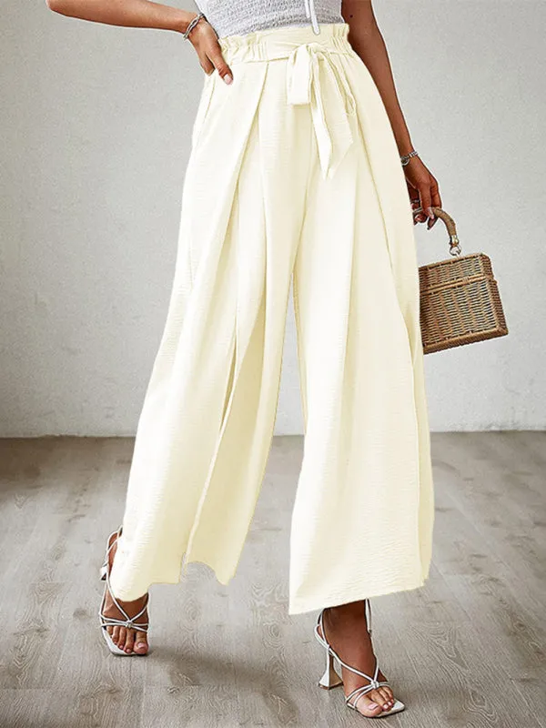 Women's Loose High Waist Pleated Wide Leg Trousers With Bow Belt