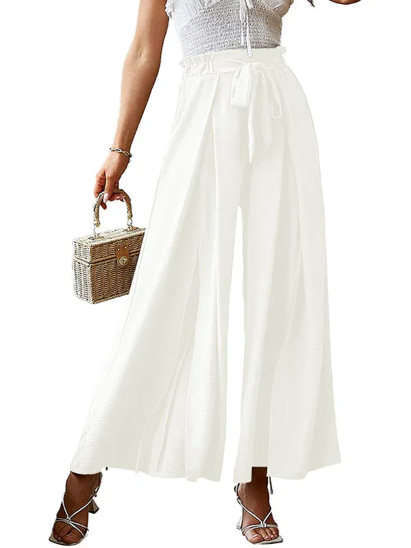 Women's Loose High Waist Pleated Wide Leg Trousers With Bow Belt