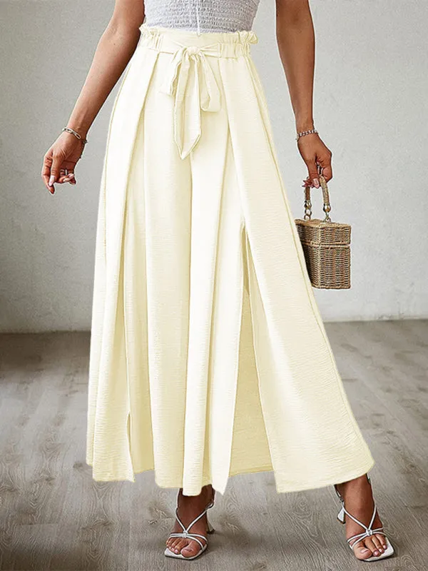 Women's Loose High Waist Pleated Wide Leg Trousers With Bow Belt