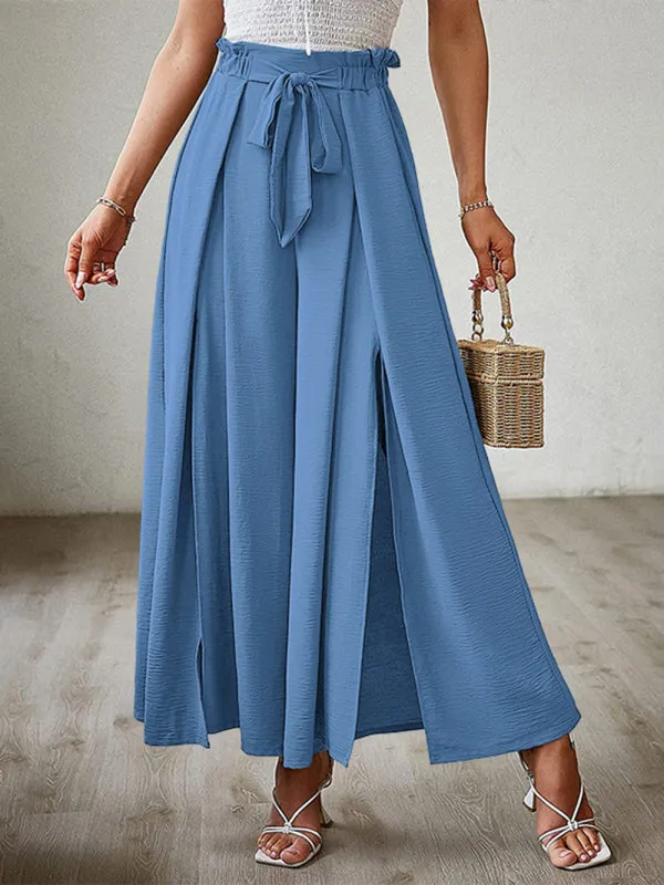 Women's Loose High Waist Pleated Wide Leg Trousers With Bow Belt