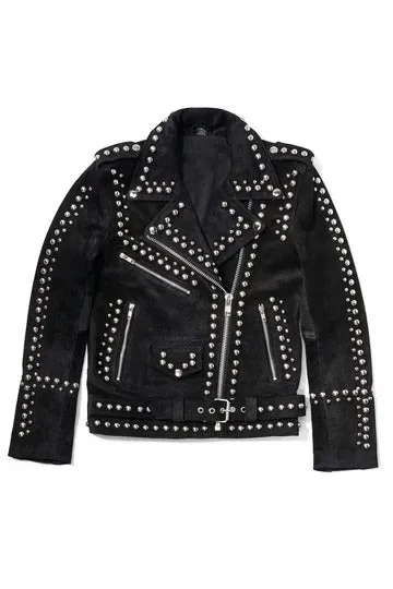 Women's Silver Studded Black Suede Leather Jacket